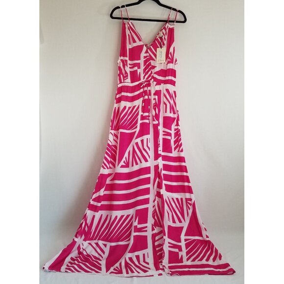 Elan Fuchsia Pink White Sleeveless Maxi Dress MEDIUM Sheer Spaghetti Straps - Picture 2 of 16